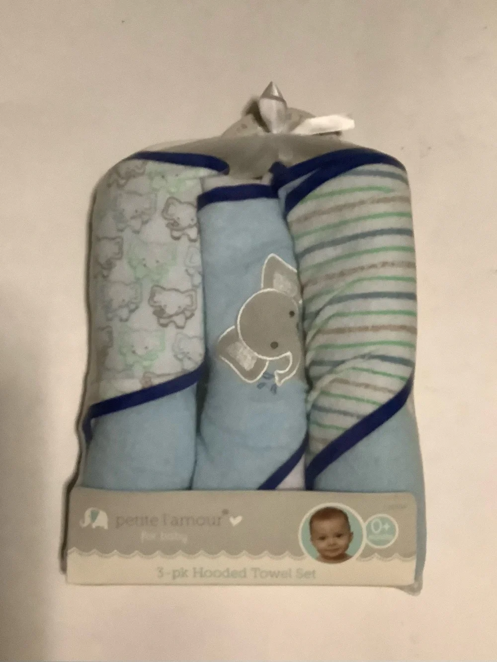 petite famour Baby Hooded Towel Set - Blue Elephant & Stripe Prints